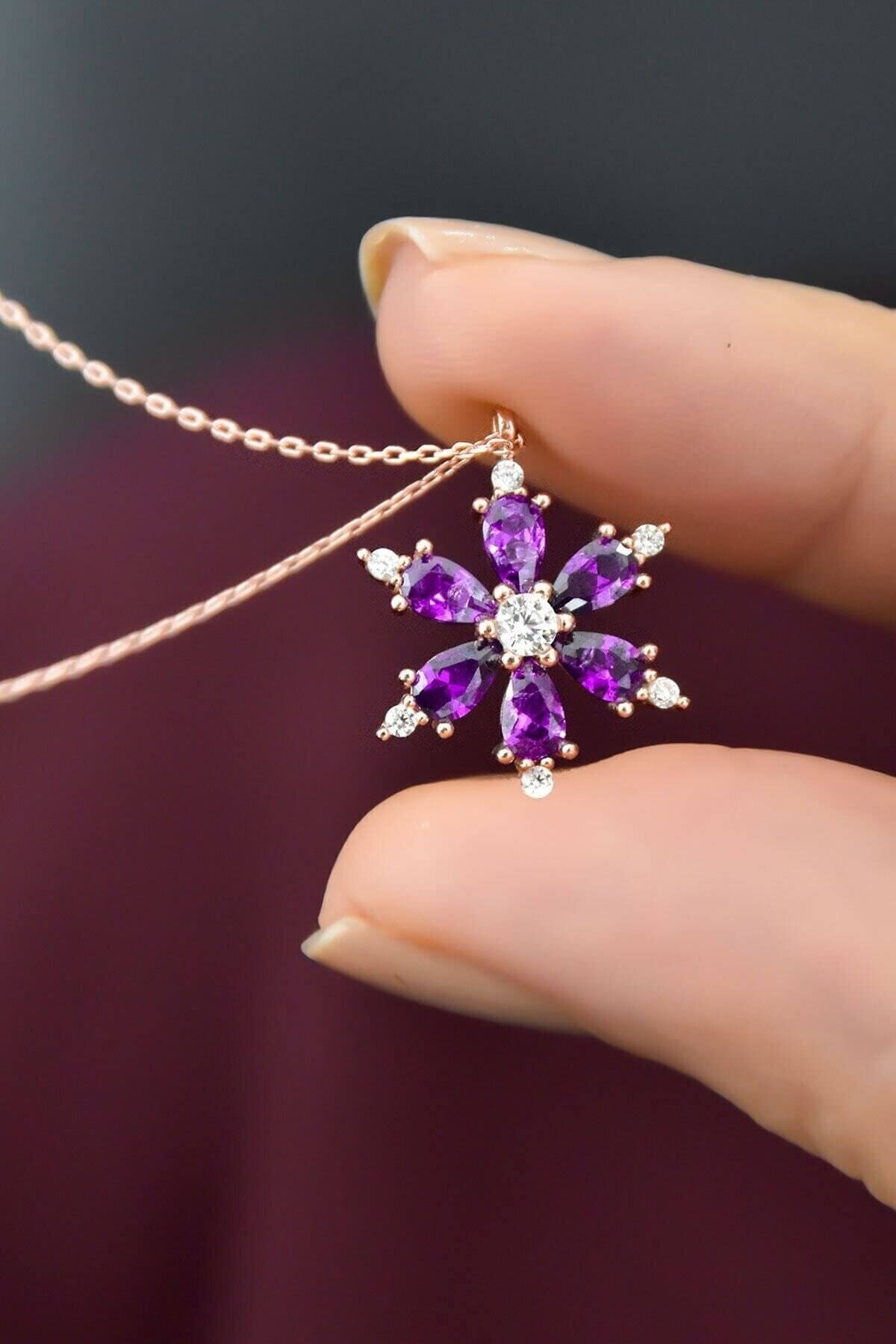 Ayar Gümüş Zincirli Ametist Taşli Rose
