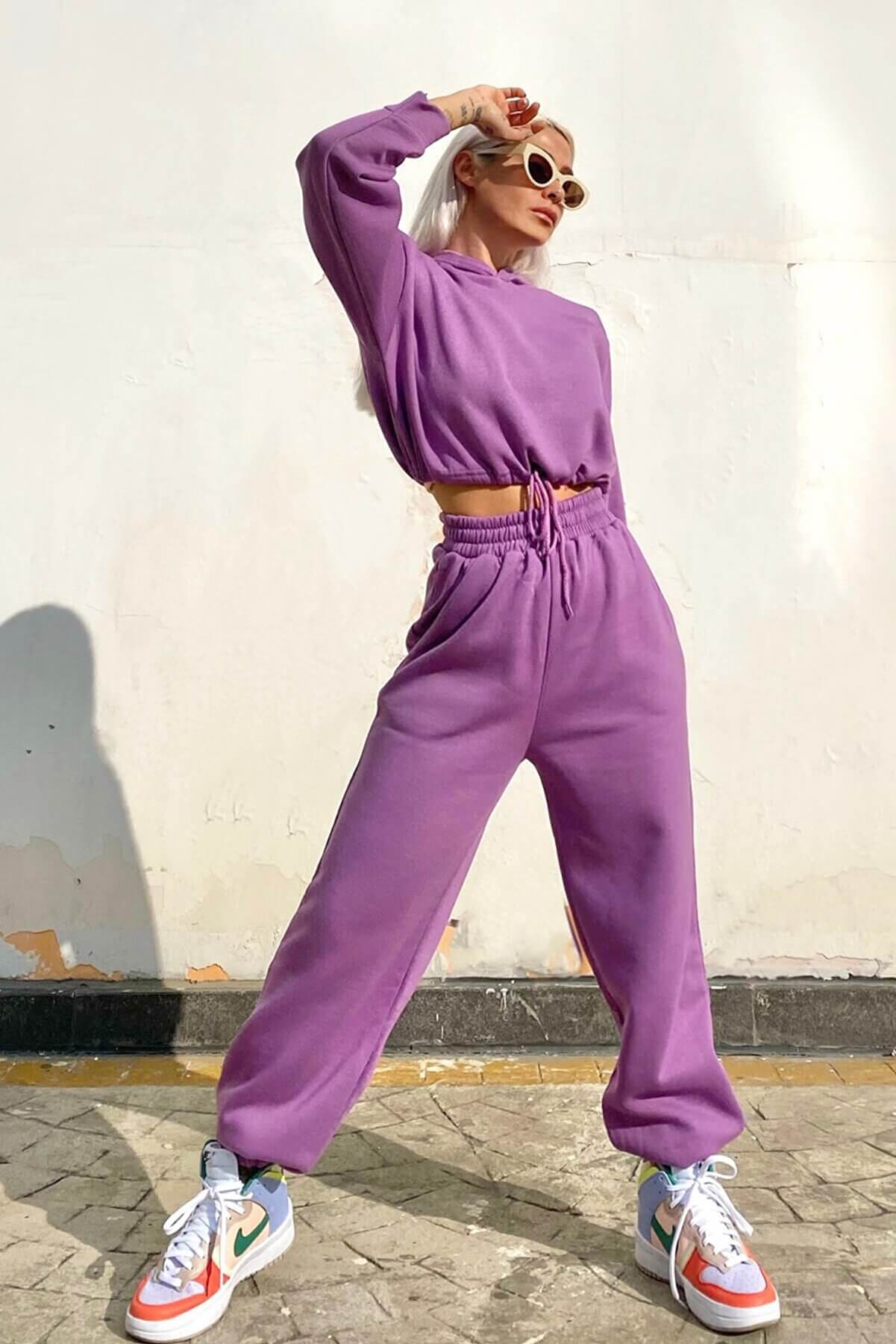 Mor Kapüşonlu İçi Pamuklu 3 İplik Eşofman Takımı