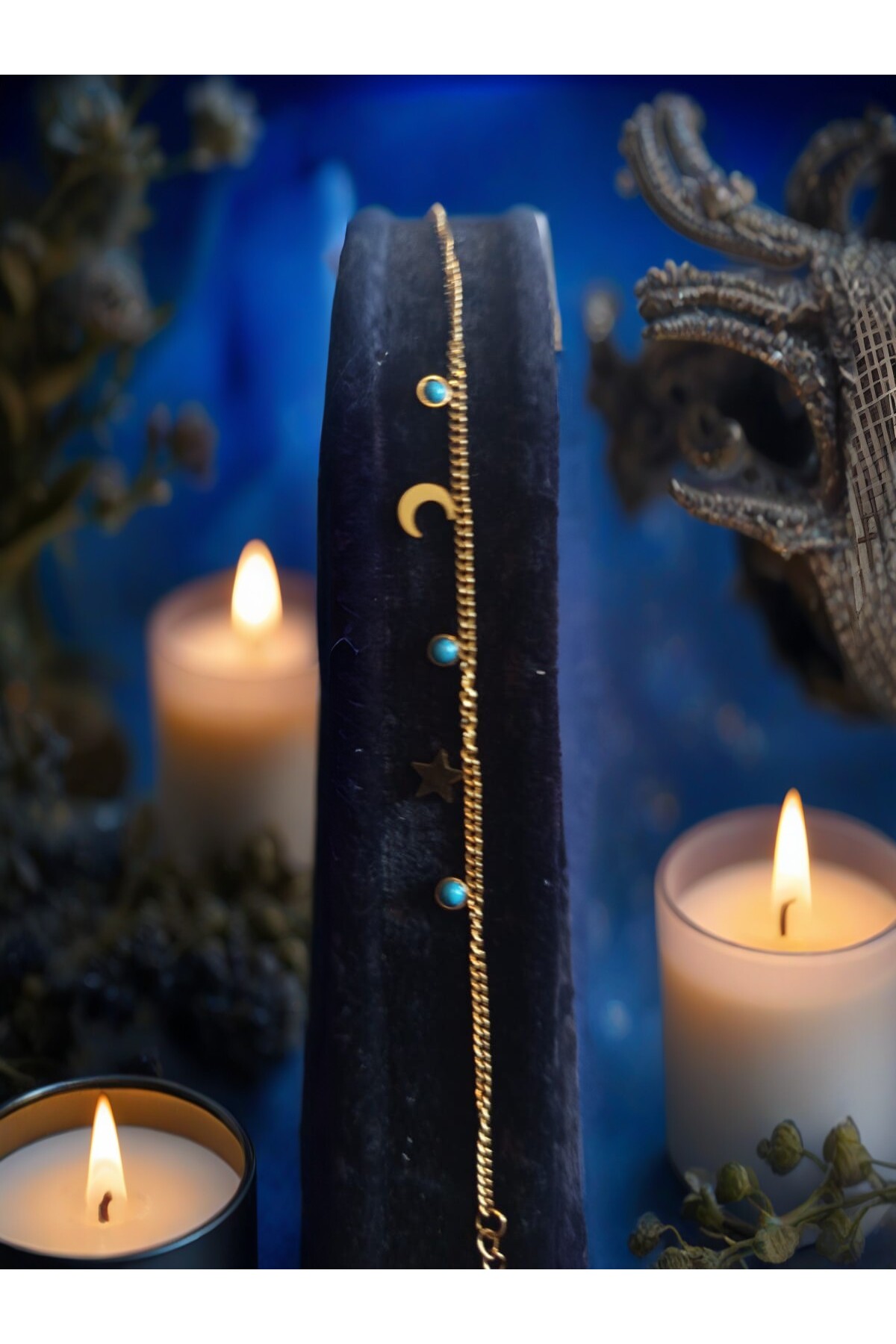 Hilal Detaylı Turkuaz Taşlı Gold Çelik Bileklik