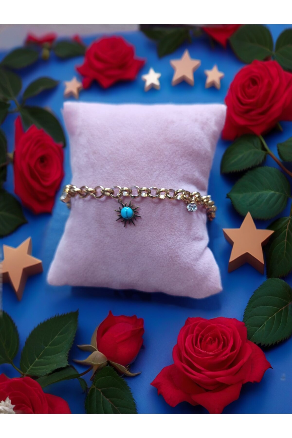 Mavi Göz Detaylı Gold Çelik Bileklik