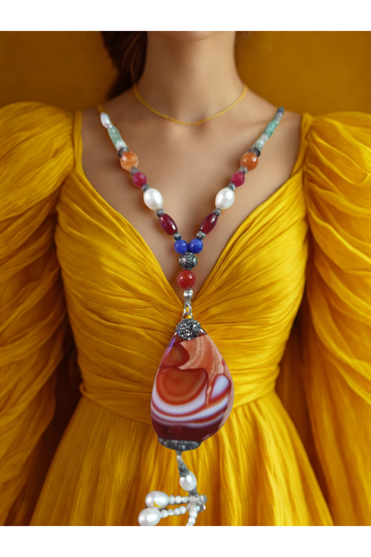 Sarı&amp; Kahverengi Akik Doğal Taş Kolye