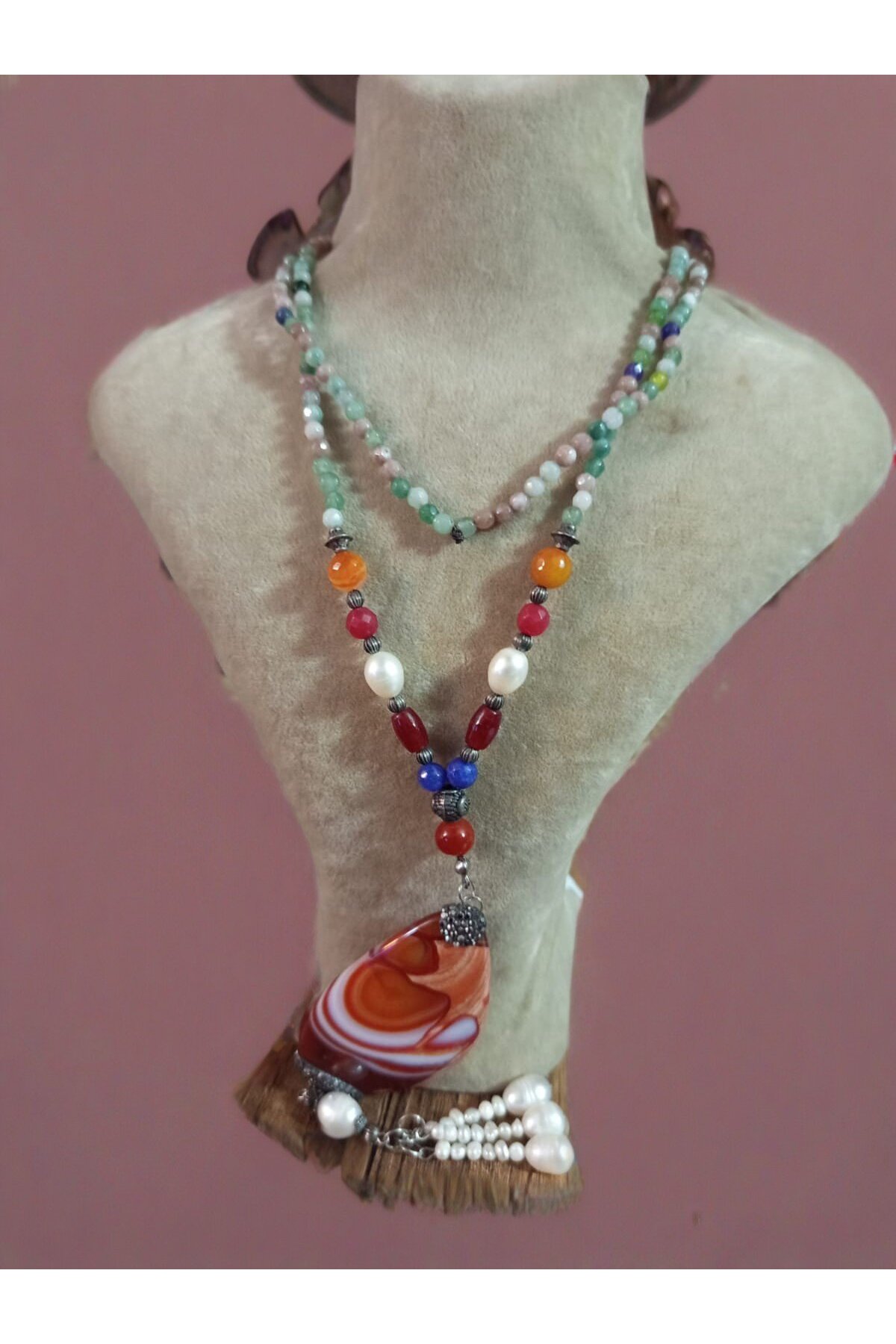 Sarı&amp; Kahverengi Akik Doğal Taş Kolye