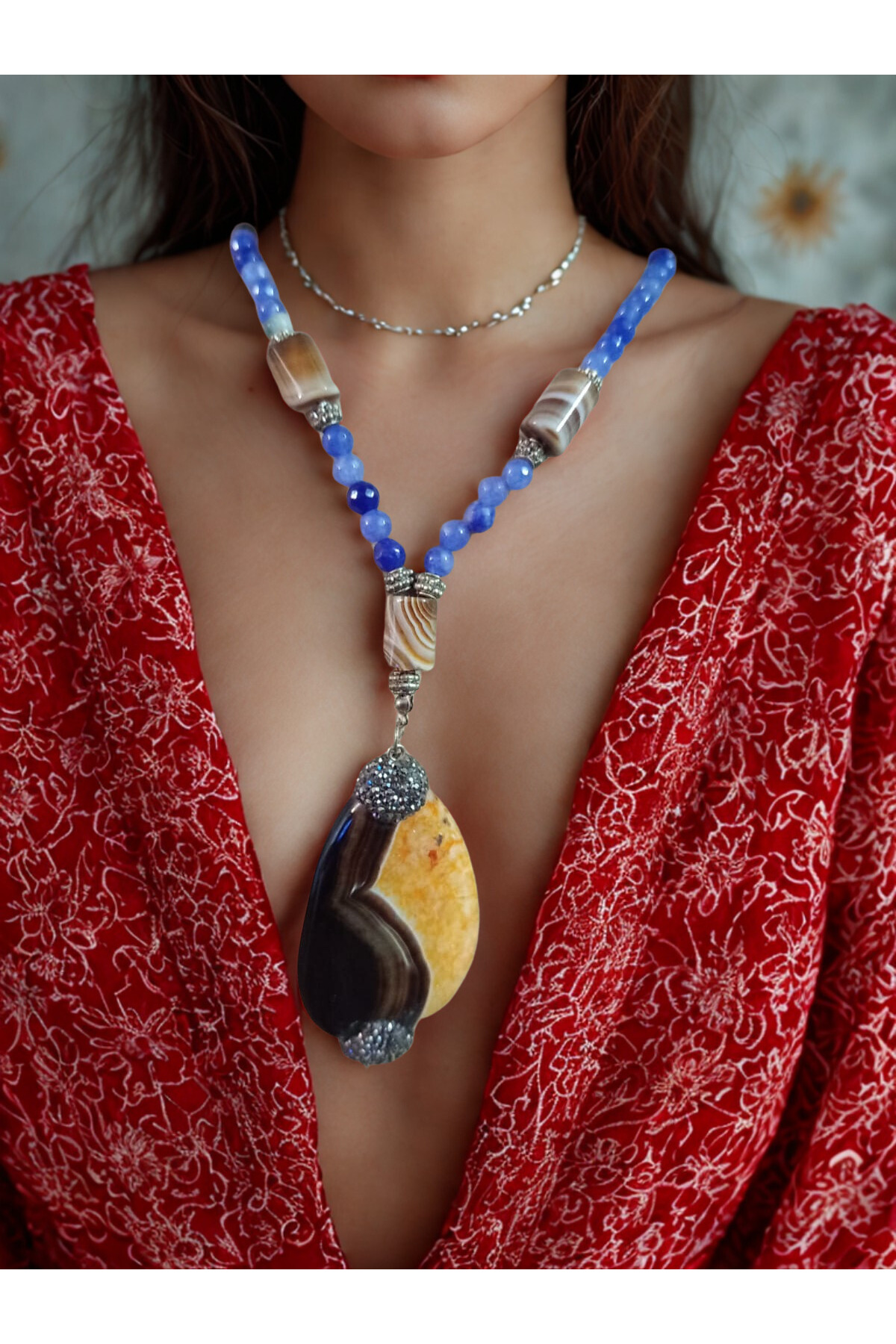 Sarı&amp; Kahverengi Akik Doğal Taş Kolye