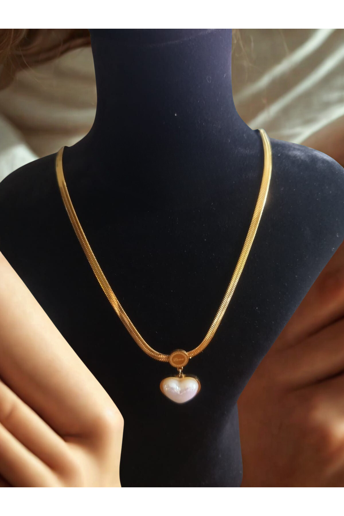 İtalyan Zincir Taşlı Kalpli Gold Çelik Kolye