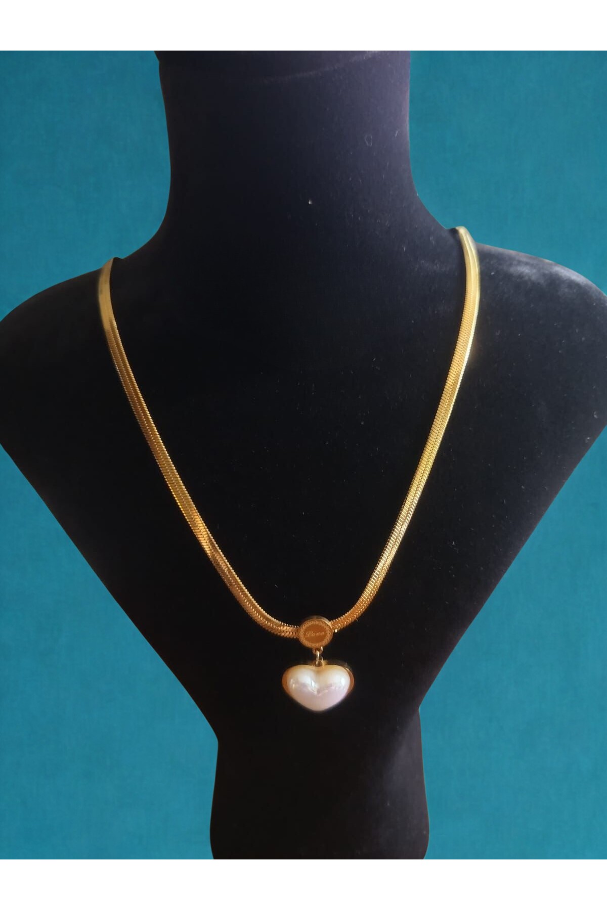 İtalyan Zincir Taşlı Kalpli Gold Çelik Kolye