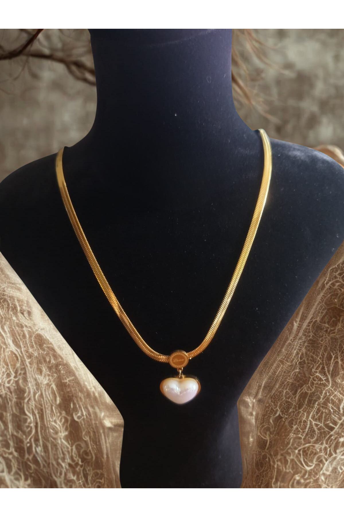 İtalyan Zincir Taşlı Kalpli Gold Çelik Kolye