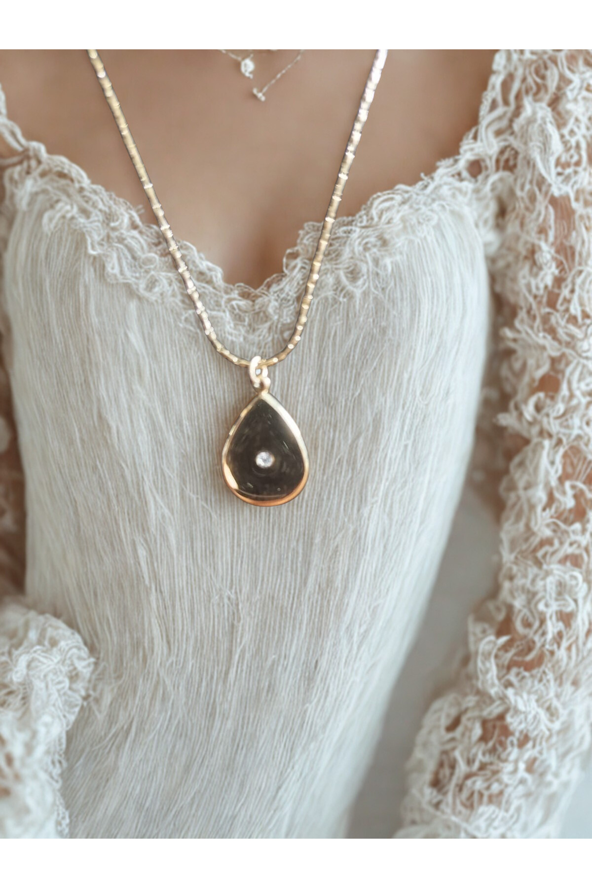 Damla Taşlı Gold Çelik Kolye