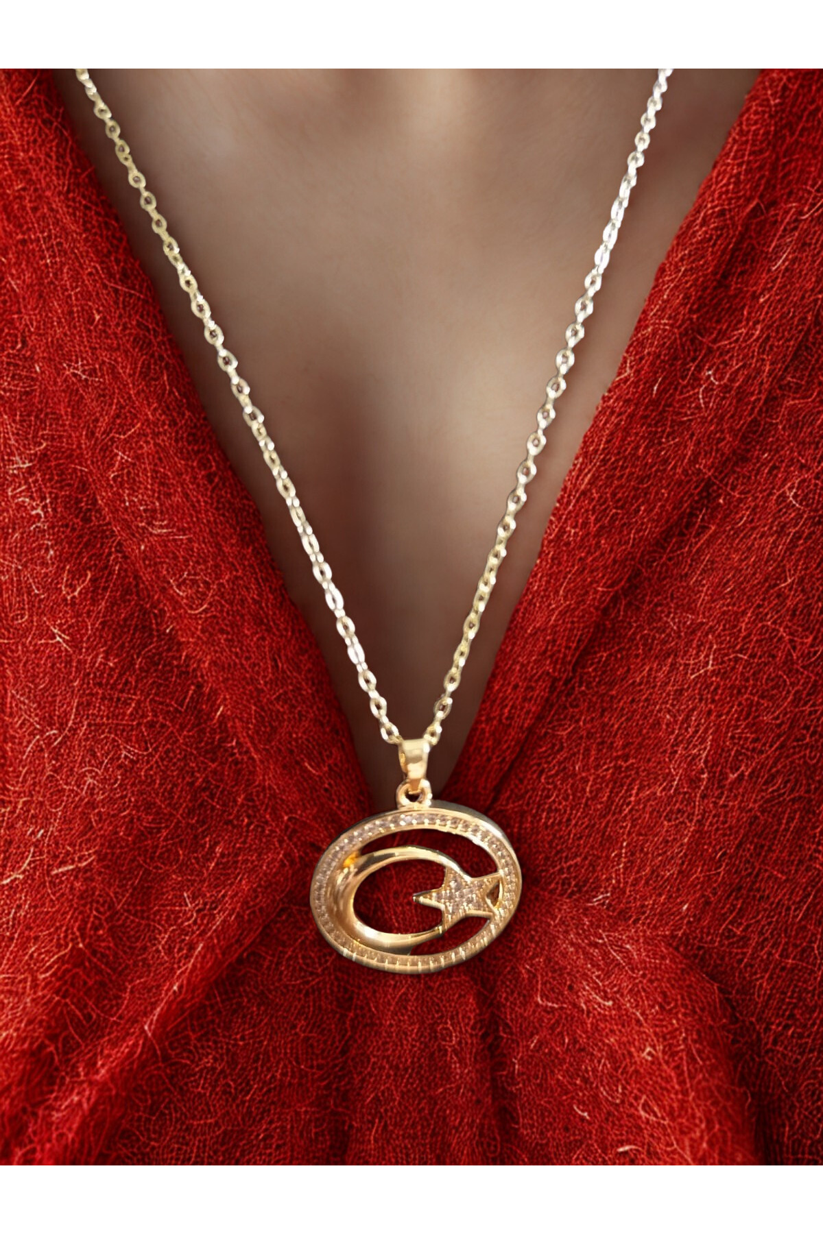 Ay Yıldızlı Gold Çelik Kolye