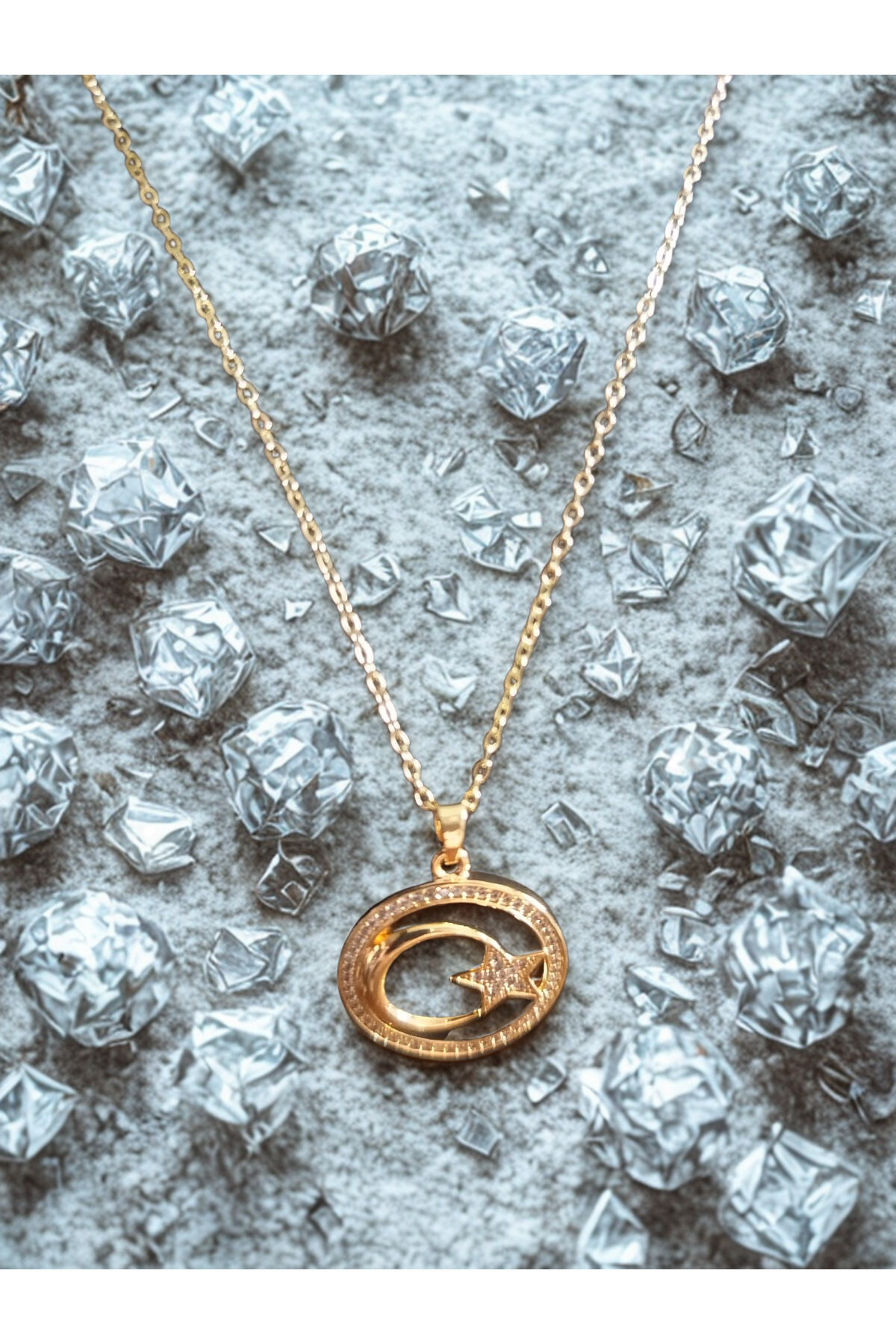 Ay Yıldızlı Gold Çelik Kolye