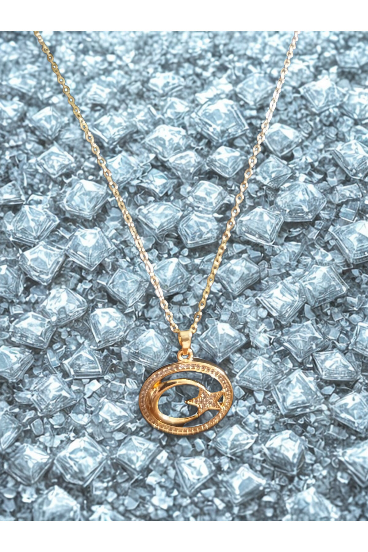 Ay Yıldızlı Gold Çelik Kolye